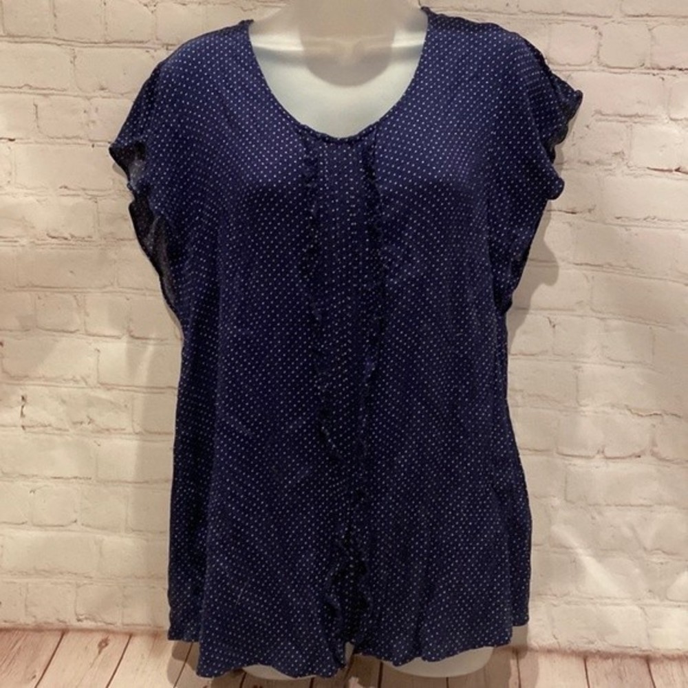 Perch Juniors 2X Navy Blue/White Dot Ruffled Front Gauzey Blouse